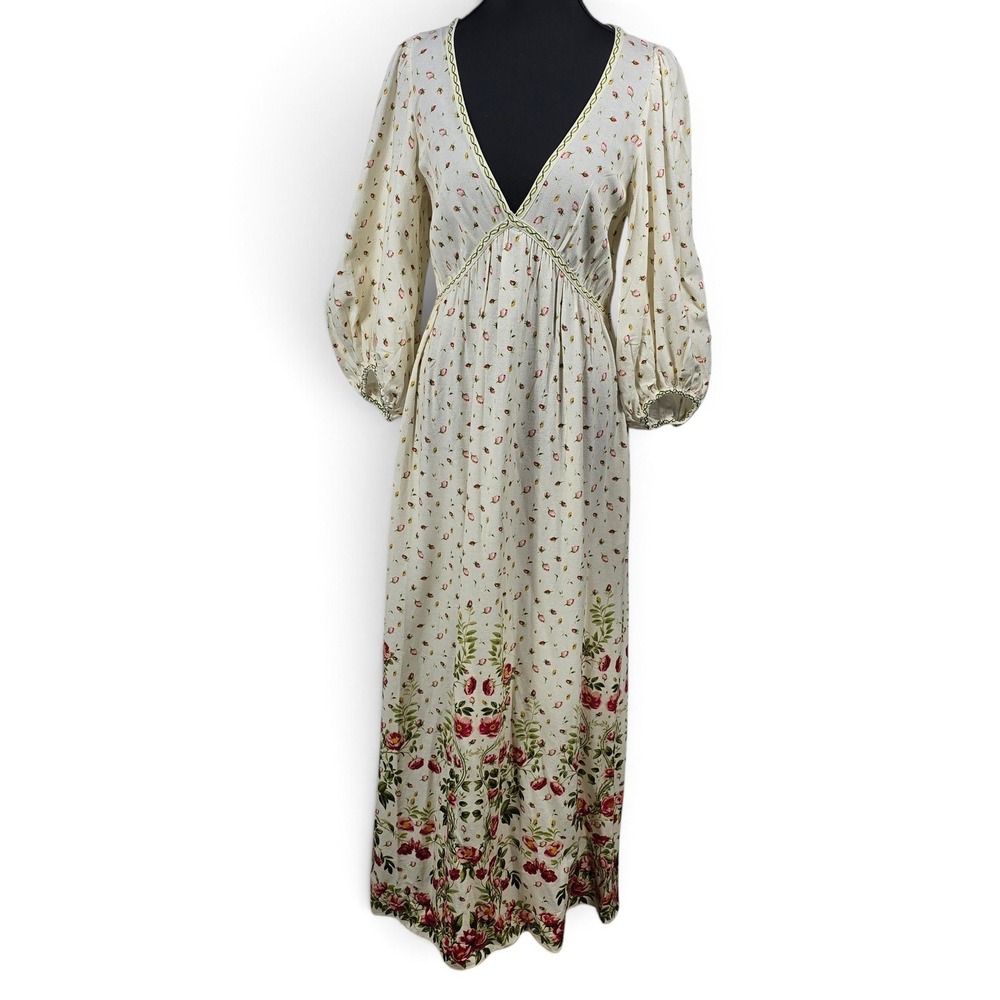 Max Studio London Boho Dress Womens XS Floral Empire‎ Waist Ivory V-Neck NWT